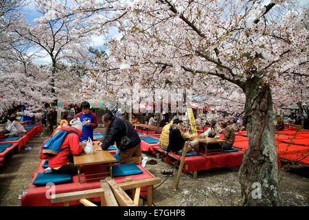 Il popolo giapponese, i turisti nel ristorante all'aperto, bar durante la fioritura dei ciliegi stagione. Maruyama-koen park, Kyoto, Giappone, Asia Foto Stock