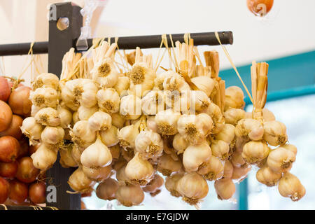 Diversi tipi di aglio sul display in Farm Shop Foto Stock