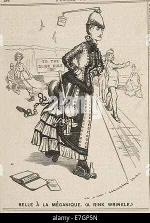 Un'illustrazione satirica di "Punch" (XIX secolo) intitolata "Belle à la mécanique". L'immagine raffigura umoristicamente una donna in una contrapposizione meccanica, riflettendo gli atteggiamenti del XIX secolo verso la tecnologia e la moda. Foto Stock