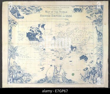 Una mappa dell'India and Colonial Exhibition di Londra, 1886, raffigurante i territori dell'Impero britannico, evidenziando la sua portata globale e i possedimenti coloniali. Foto Stock