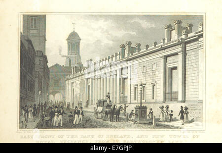 Illustrazione tratta da "Metropolitan Improvements" (1828), raffigurante il fronte orientale della Bank of England e la nuova Torre del Royal Exchange da St Bartholomew's Lane, che mostra le caratteristiche architettoniche chiave di questi importanti monumenti di Londra. Foto Stock