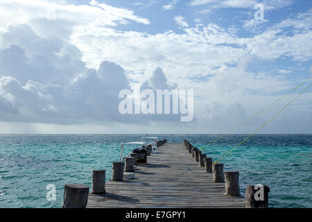 Dock in legno che conduce nelle acque turchesi dei Caraibi Messicani Foto Stock