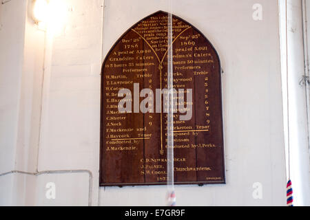 Una scheda di peal nella chiesa di S. Maria campana che suona la camera, Warwick, Warwickshire, Inghilterra, Regno Unito Foto Stock