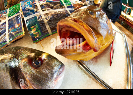 I pesci sul display a Rialto Mercato del Pesce, Venezia, Italia Foto Stock