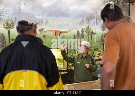 Jensen, Utah - un ranger del parco i colloqui con i visitatori nella cava Exhibit Hall a dinosauro monumento nazionale. Foto Stock