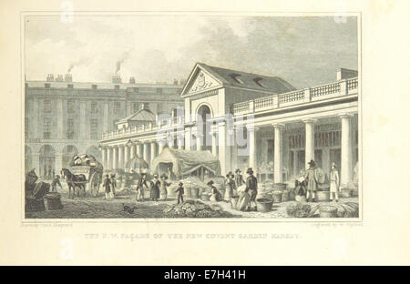 Illustrazione tratta da "Metropolitan Improvements" (1828) che mostra la facciata nord-ovest del mercato Covent Garden di Londra, di recente costruzione, concentrandosi sul suo design architettonico. Foto Stock