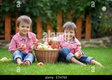 Due ragazzi adorabili, seduto sull'erba, mangiare le mele e divertirsi Foto Stock