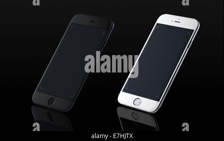 La riflessione di smart phone iphone 6 (spazio grigio, argento) su sfondo nero, generati digitalmente da opere d'arte. Foto Stock
