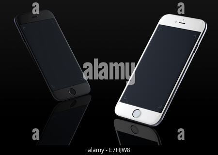 La riflessione di smart phone iphone 6 (spazio grigio, argento) su sfondo nero, generati digitalmente da opere d'arte. Foto Stock