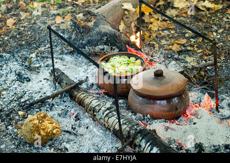 L arrosto in una pentola di creta oltre il fuoco di carbone in natura Foto Stock