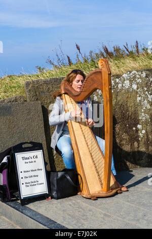 Arpista a giocare alle scogliere di Moher, Burren, County Clare, Repubblica di Irlanda Foto Stock