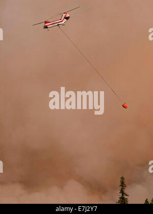 Un elicottero Chinook gocce di ritardante del fuoco sulla felice complesso Camp fuoco nel Klamath National Forest Settembre 18, 2014 in Yreka, California. Il fuoco ha consumato 125,788 acri e 68% contenuta. Foto Stock