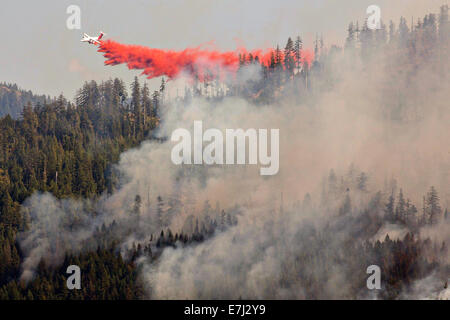Un aria pesante tanker gocce di ritardante del fuoco sulla felice complesso Camp fuoco nel Klamath National Forest Settembre 18, 2014 in Yreka, California. Il fuoco ha consumato 125,788 acri e 68% contenuta. Foto Stock