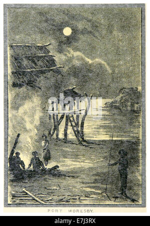 Un riferimento del 1886 a Port Moresby, la capitale della Papua nuova Guinea. Questa immagine probabilmente fornisce una mappa o una fotografia che mostra il primo sviluppo della città, compreso il suo ruolo di porto coloniale. Foto Stock