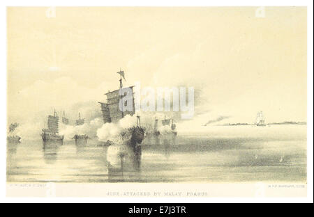 Un'illustrazione del 1860 di Osborn raffigurante una spazzatura cinese sotto attacco del prahus malese. La scena evidenzia il conflitto navale tra queste due distinte culture marittime. Foto Stock