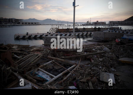 Los Cabos, Messico. Xviii Sep, 2014. I detriti rimangono nel molo "La Marina" dopo il passaggio dell uragano Odile, a Los Cabos, nello stato di Baja California Sur, Messico, sul Sett. 18, 2014. Secondo il segretario del turismo, Claudia Ruiz Massieu, i turisti saranno trasportati a Guadalajara, Tijuana, Mazatlan e Città del Messico. Gli aeroporti di San Jose del Cabo e di La Paz sono state danneggiate dall uragano Odile, che ha anche lasciato decine di case e degli stabilimenti commerciali interessati, come pure la caduta di alberi, pali dell'elettricità e i cartelloni pubblicitari. Credito: Alejandro Ayala/Xinhua/Alamy Live News Foto Stock