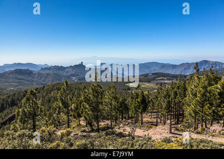 Vista da Pico de las Nieves verso Roque Nublo Mountain, Monte Teide sull isola di Tenerife nella parte posteriore, Gran Canaria Foto Stock