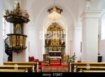 Chiesa Hilfberg, Chiesa di pellegrinaggio di Maria Hilf, miracolosa immagine sull'altare di Meinrad Guggenbichler, Mondsee, Salzkammergut Foto Stock