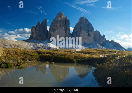 L'Italia, Europa, Tre Merli, merlata, tre cime di Lavaredo, Le Tre Cime di Lavaredo, Le Tre Cime di Lavaredo, Trentino Alto Adige, Foto Stock