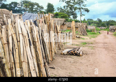 Legno per la vendita in un villaggio della Costa d Avorio (Costa d'Avorio) al confine con la Liberia Foto Stock