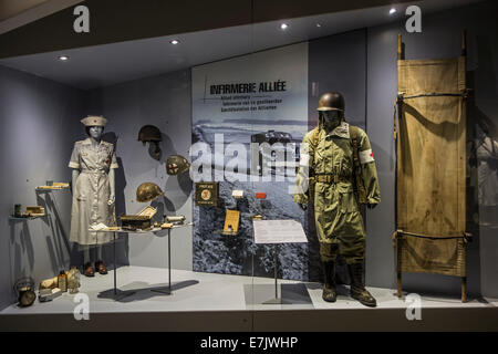 Visualizzazione di su allied primo aiuto e infermeria in Bastogne guerra museo sulla Seconda Guerra Mondiale Battaglia di Bulge, Belgio Foto Stock