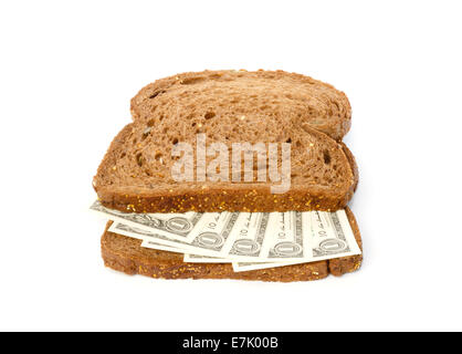Due fette di pane integrale con 1 US Dollar Bills riempimento a sandwich Foto Stock
