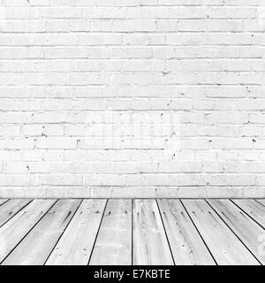 Bianco parete in mattoni e pavimento in legno, abstract sfondo interni Foto Stock