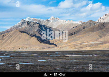 Bellissimo paesaggio tibetano con laghi ghiacciati, montagne innevate e cielo molto nuvoloso in Provincia di Qinghai Foto Stock