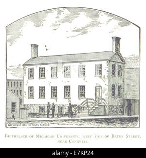 Questa illustrazione del 1884 raffigura il luogo di nascita dell'Università del Michigan, situata sul lato ovest di Bates Street a Detroit. L'immagine storica offre uno sguardo sui primi anni di sviluppo di questa prestigiosa istituzione. Foto Stock