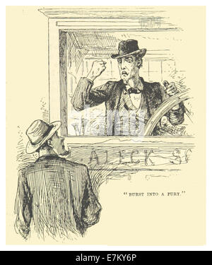 Questo disegno del 1883 di Mark Twain intitolato *Burst into a Fury* ritrae una scena dinamica, catturando intense emozioni o azioni, probabilmente da uno degli scritti o racconti di Twain. Foto Stock