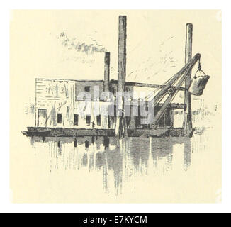 Un'illustrazione del 1883 tratta da *An Alligator Boat* di Mark Twain, che mostra la versione umoristica e satirica di Twain in un'avventura in barca. L'immagine riflette il suo stile distintivo di narrazione e rappresentazione visiva. Foto Stock