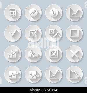 Set di piatto icone rotonde con diagrammi su sfondo grigio Foto Stock