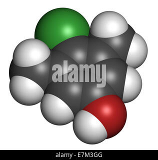 Cloroxilenolo antisettico per molecola. Disinfettante utilizzato contro i batteri, alghe, funghi e virus. Gli atomi sono rappresentati come sfera Foto Stock