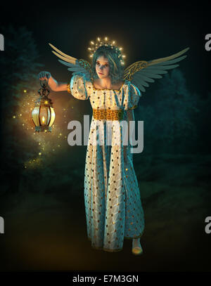 Computer grafica 3d di un simpatico Christmas Angel con una lanterna Foto Stock