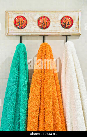 Asciugamani colorati appesi a ganci in una stanza da bagno Foto Stock