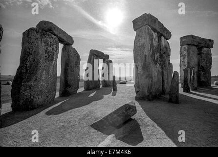 Nel tardo pomeriggio somma risplende attraverso il sito di Stonehenge, un monumento preistorico situato nel Wiltshire, Inghilterra, su Salisbury Plain. Nota lunghe ombre. Foto Stock