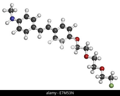 Radiofarmaco Florbetaben molecola. Utilizzata per l'imaging di beta-amiloide placche nella malattia di Alzheimer da PET. Gli atomi sono repr Foto Stock