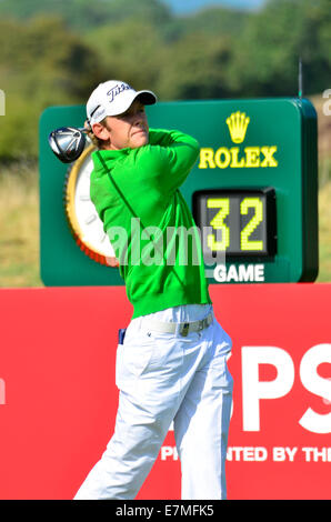 Newport, Wales, Regno Unito. Xxi Sett 2014. JB Hansen dalla Danimarca tees off sul 1° all'ultimo giorno del Galles aperto. Robert Timoney/AlamyLivenews. Foto Stock