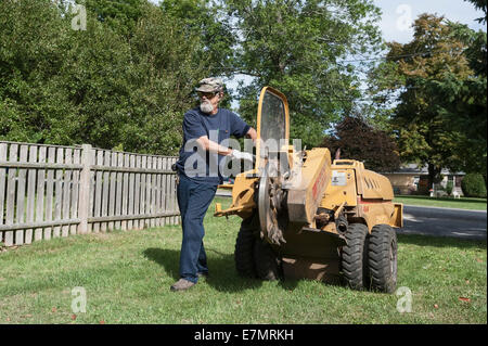 Un uomo con un modello di Rayco Super RG50 4X4 moncone smerigliatrice per rimuovere un ceppo di albero in Rhode Island USA Foto Stock