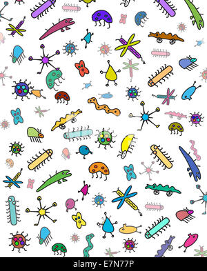Illustrazione colorata dei microbi e dei batteri dei cartoni animati – divertente sfondo dei microrganismi Foto Stock