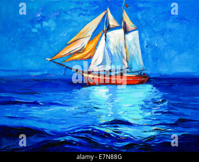 Olio originale pittura della nave a vela e mare su tela.Impressionismo moderno Foto Stock