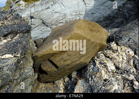 Un grosso masso seduta tra gli strati di roccia Newquay Cornwall Inghilterra Regno Unito Foto Stock