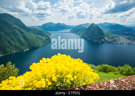 Il lago di Lugano, look, Monte Bre, Lago di Lugano, del cantone Ticino, Svizzera meridionale, Bre, lago, laghi, nuvole, cloud, Lugano, Switze Foto Stock