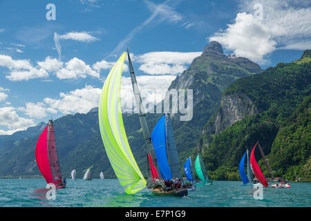 Il lago di Uri, yachting, regata, Vierwaldstättersee, il Lago di Lucerna, barca a vela, barca a vela, sport acquatici, Svizzera, Europa Foto Stock