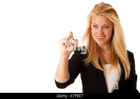 Blonde business donna con gli occhi blu, scrive su un tavolo di vetro con marcatore presentando le opportunità di business Foto Stock