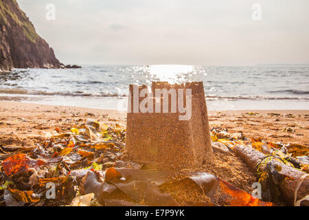 Castello di sabbia sulla speranza Cove Beach, Devon, Inghilterra, Regno Unito. Foto Stock