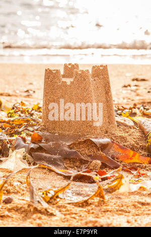 Castello di sabbia sulla speranza Cove Beach, Devon, Inghilterra, Regno Unito. Foto Stock