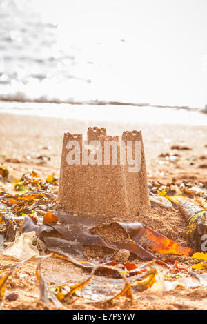 Castello di sabbia sulla speranza Cove Beach, Devon, Inghilterra, Regno Unito. Foto Stock