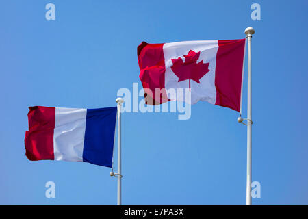 Nazionale Canadese e bandiere francese sui pennoni battenti nel vento contro il cielo blu Foto Stock