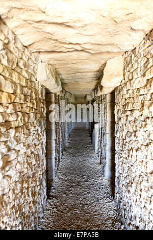 Moderno-giorno stile neolitico Long Barrow sepoltura camera per memorizzare la cremazione urne cinerarie tutti Cannings, vicino a Devizes, Wiltshire, Regno Unito. Foto Stock